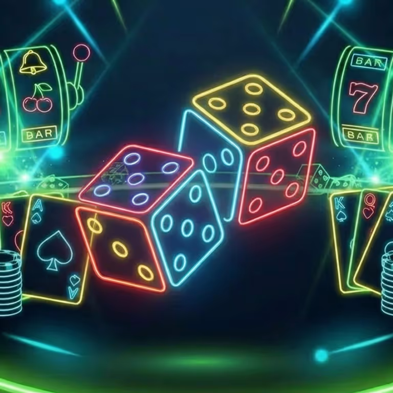 Rainbet Casino featuring a poker table stacked with chips and cards in a modern high-rise lounge overlooking the city skyline.